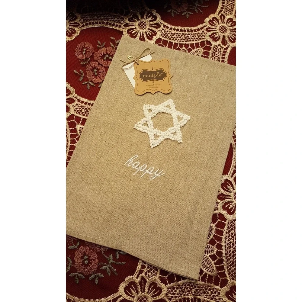 MUD PIE OATMEAL LINEN FRENCH‎ KNOT EMBROIDERED Star of David GUEST HAND TOWEL